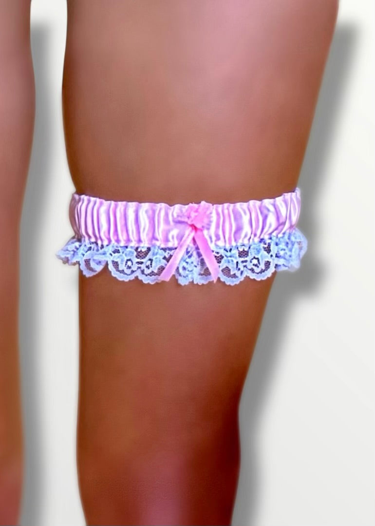 Vintage Pastel Pink Satin Thigh-Garter Band with Lace Trim Denali Brand Vintage Pastel Pink Satin Thigh-Garter Band with Lace Trim Denali Brand