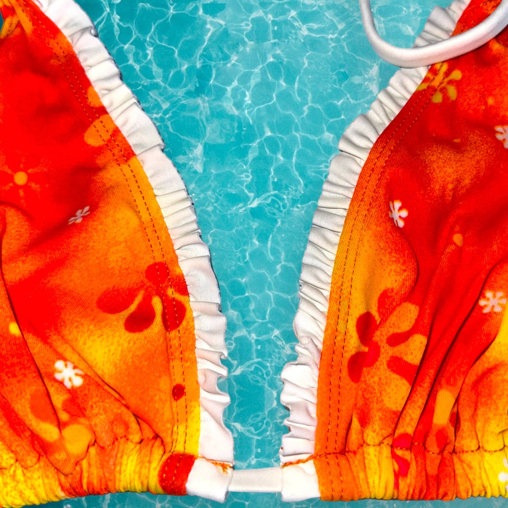 90's Ruffle Trim Slide Padded Bikini Halter Retro Swimsuit Top | Sunburst