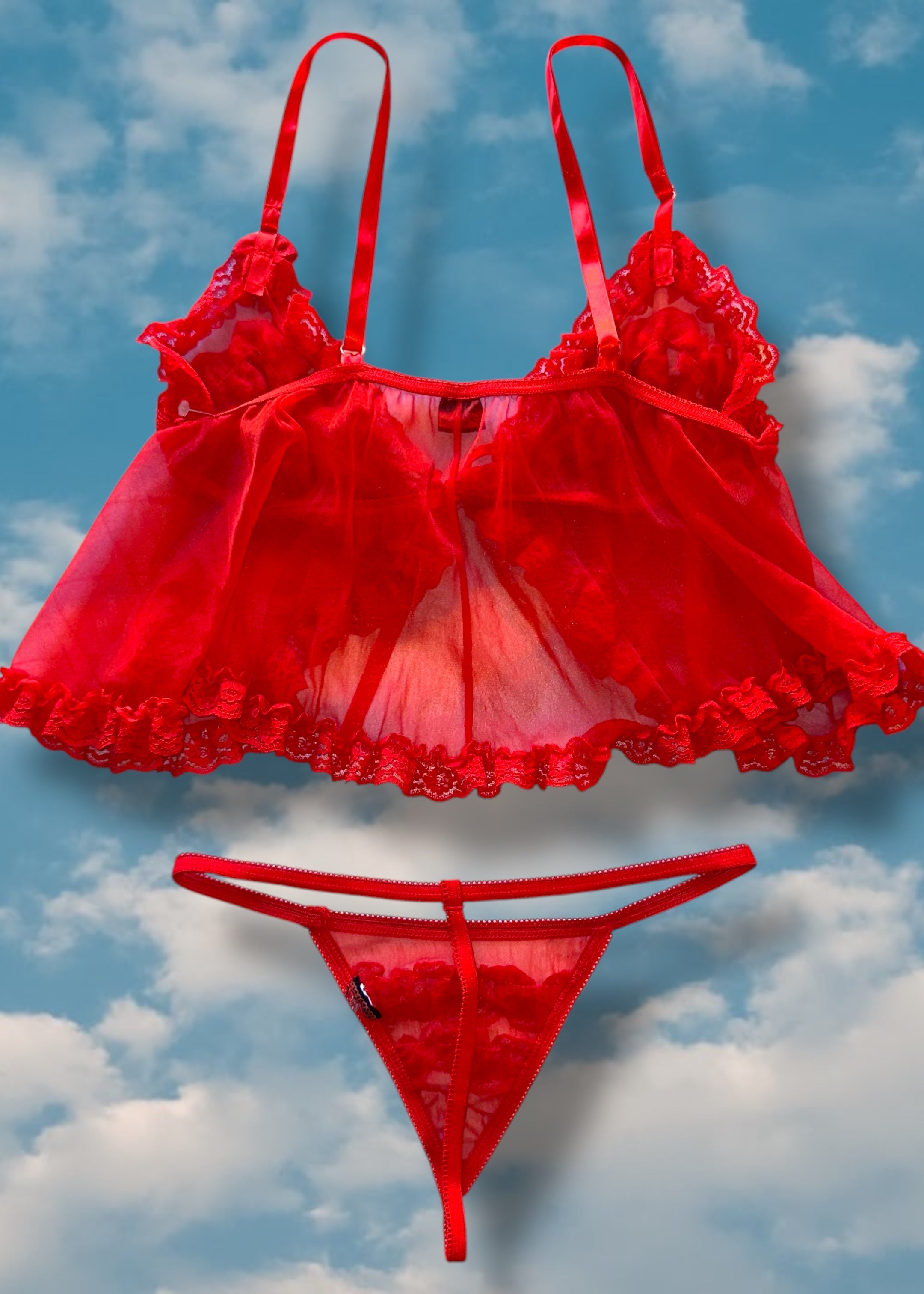 90s Red Babydoll Tie-Front Cami Top, Matching Ruffle-Lace Sheer Panty Denali Brand 90s Red Babydoll Tie-Front Cami Top, Matching Ruffle-Lace Sheer Panty Denali Brand