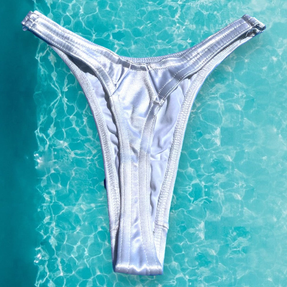 
                      
                        90's White Shimmer Satin Clip-Side Thong Minimalist Bikini Bottom, Ultra Flattering Fit
                      
                    