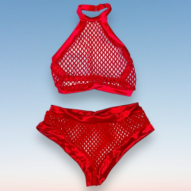 
                      
                        Y2K High Neck Bralette & Cheeky Booty Short Bottom 2 Pc. Lingerie Set | Red Sheer Fishnet
                      
                    