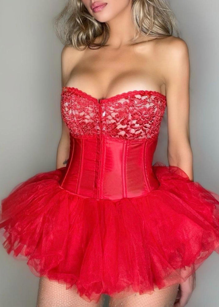 Little Red Riding Hood 3-Piece Vintage Costume Set | Red Satin Corset, Tulle Tutu & Fur Cape Bolero | 1990s Deadstock USA-Made