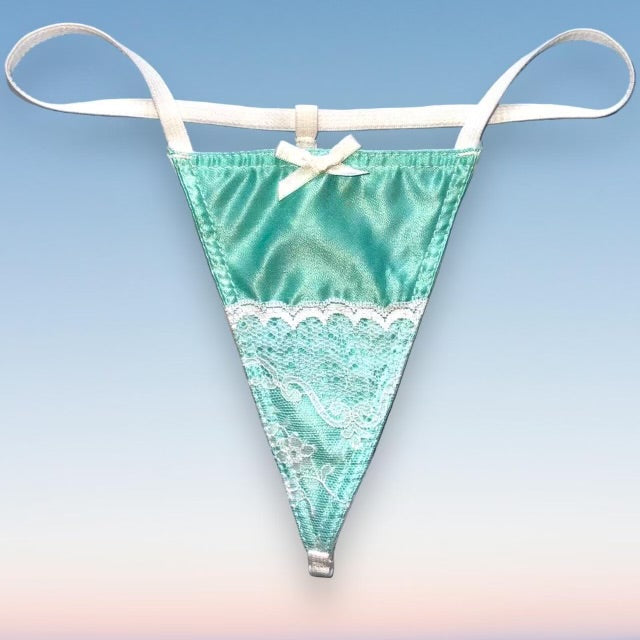 
                      
                        White Lace Trim Skimpy Shimmer G-String Thong Panty | Seafoam Satin
                      
                    