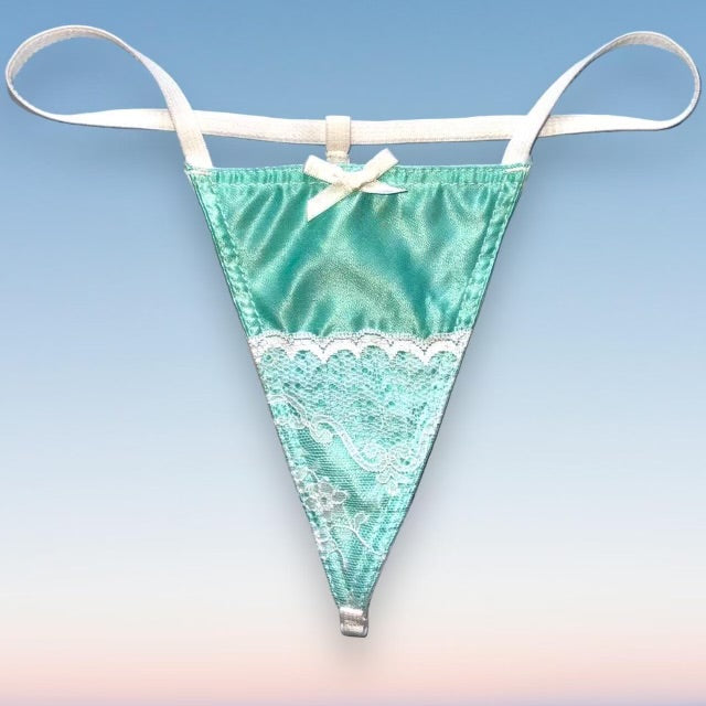 White Lace Trim Skimpy Shimmer G-String Thong Panty | Seafoam Satin