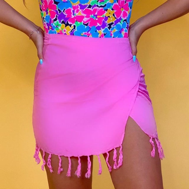 Linen Fringe Hem High Waisted Wrap Sarong Cover Up Mini Skirt | Bubblegum Pink