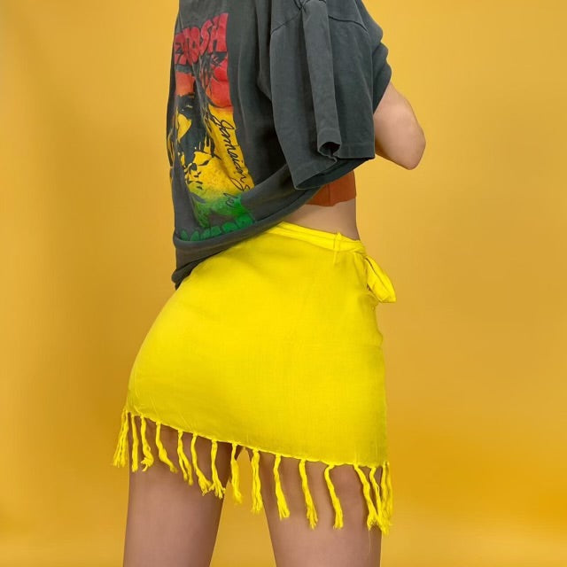 
                      
                        Linen Fringe Hem High Waisted Wrap Sarong Cover Up Mini Skirt | Yellow
                      
                    