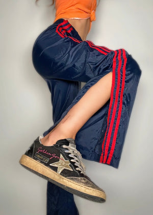 VTG Adidas Zip-Leg Baggy Track Pants Navy & Red Stripe | Y2K Wide-Leg Style