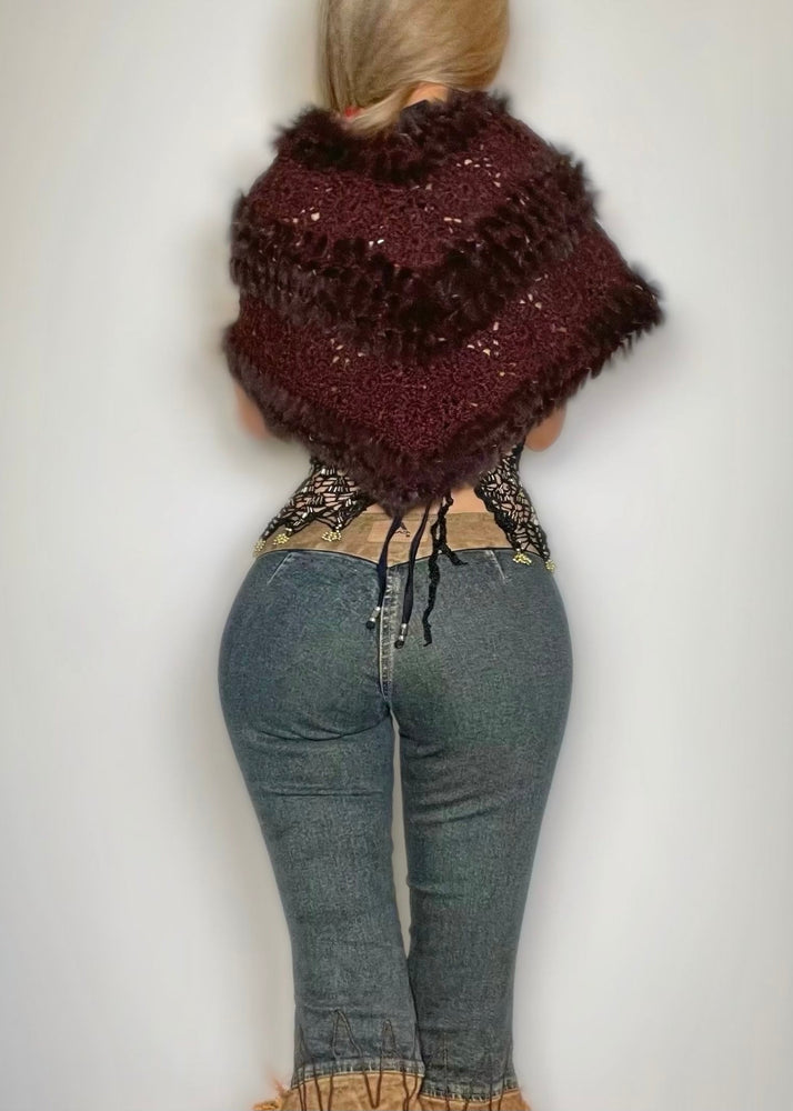Vintage 1990s Rabbit Fur Crochet Bolero | Espresso Brown Granny Square Shawl | Boho Holiday Gift | Julia Deadstock