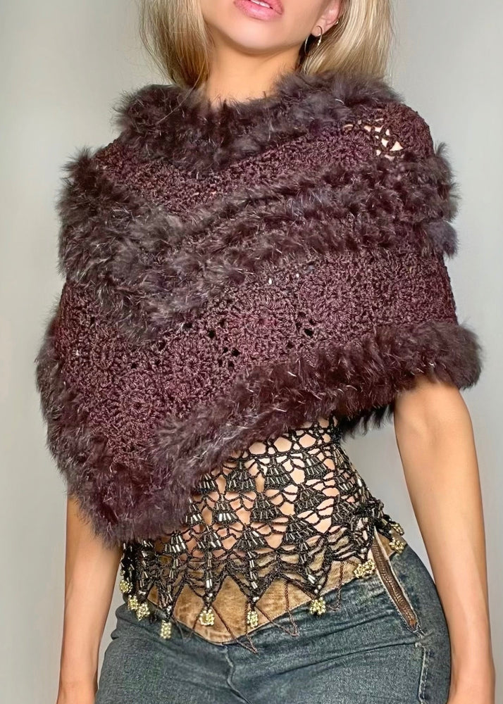 Vintage 1990s Rabbit Fur Crochet Bolero | Espresso Brown Granny Square Shawl | Boho Holiday Gift | Julia Deadstock