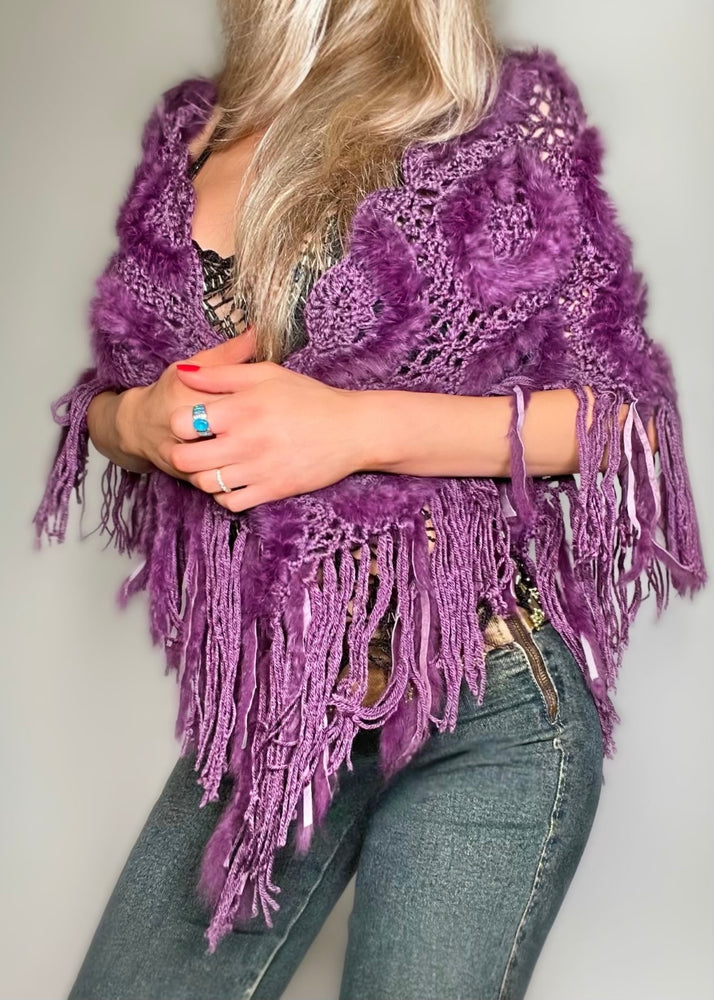 1990s Aubergine Rabbit Fur Crochet Fringe Shawl | Boho Winter Wrap | Gift