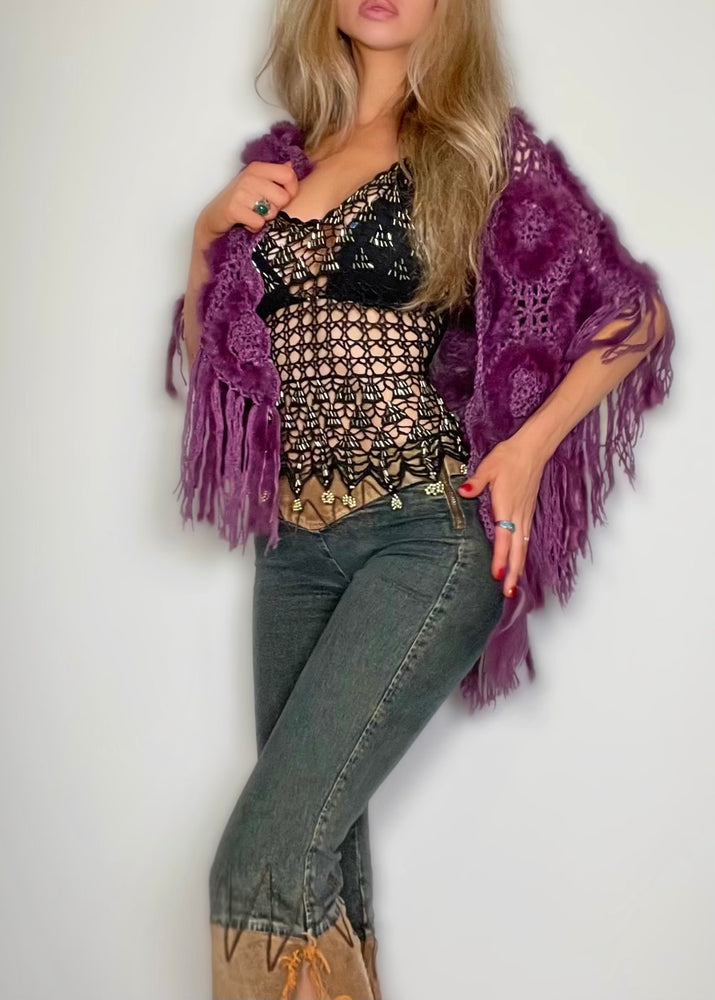 1990s Aubergine Rabbit Fur Crochet Fringe Shawl | Boho Winter Wrap | Gift