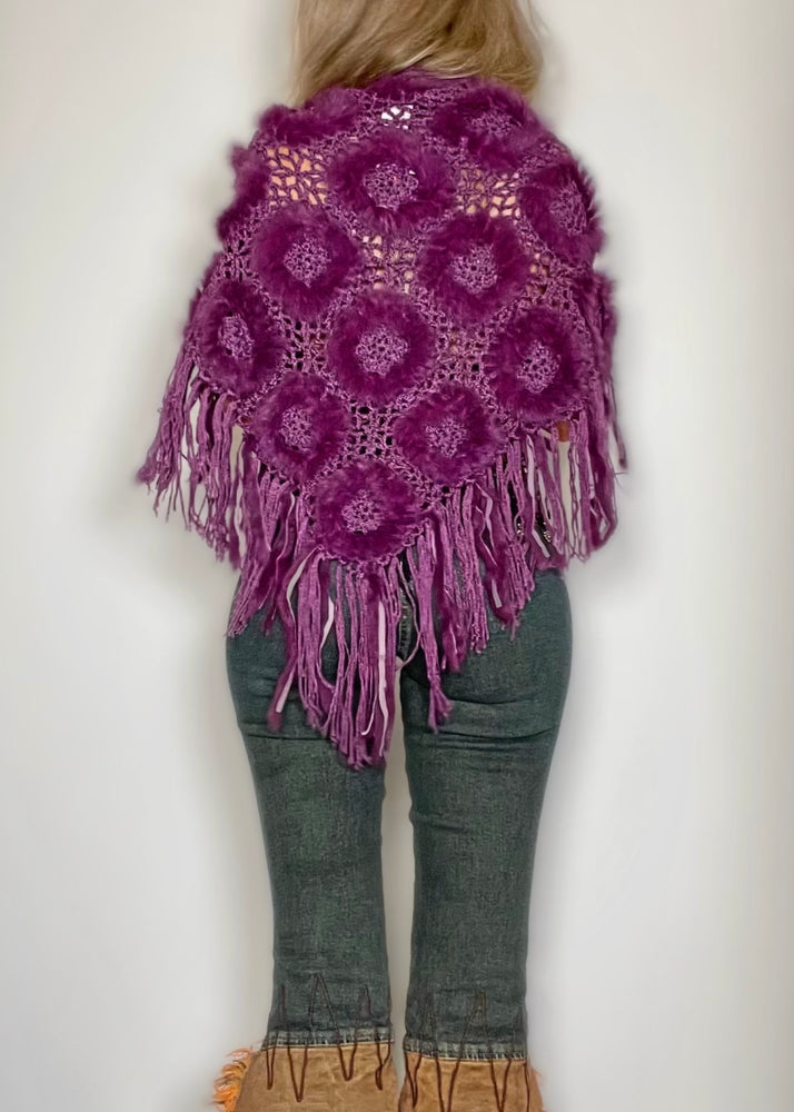 1990s Aubergine Rabbit Fur Crochet Fringe Shawl | Boho Winter Wrap | Gift
