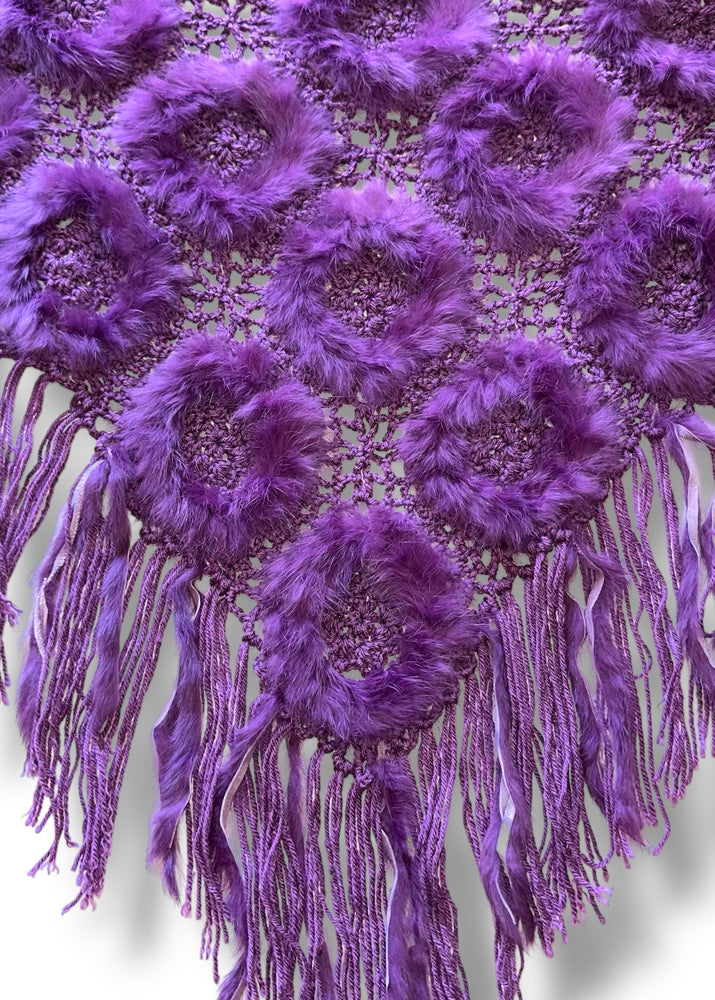 1990s Aubergine Rabbit Fur Crochet Fringe Shawl | Boho Winter Wrap | Gift