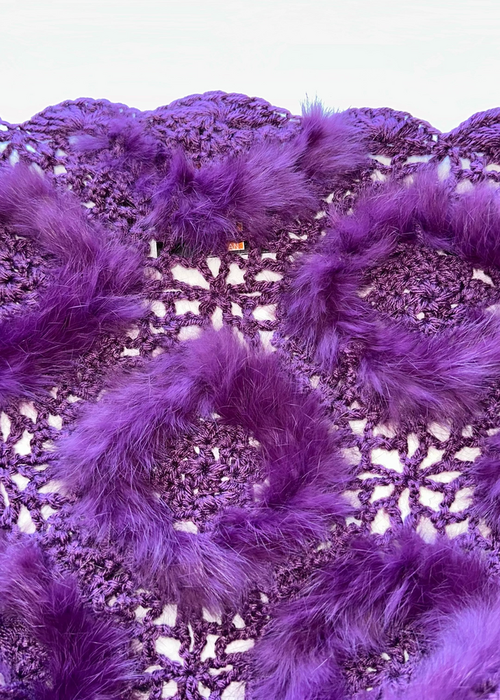 1990s Aubergine Rabbit Fur Crochet Fringe Shawl | Boho Winter Wrap | Gift