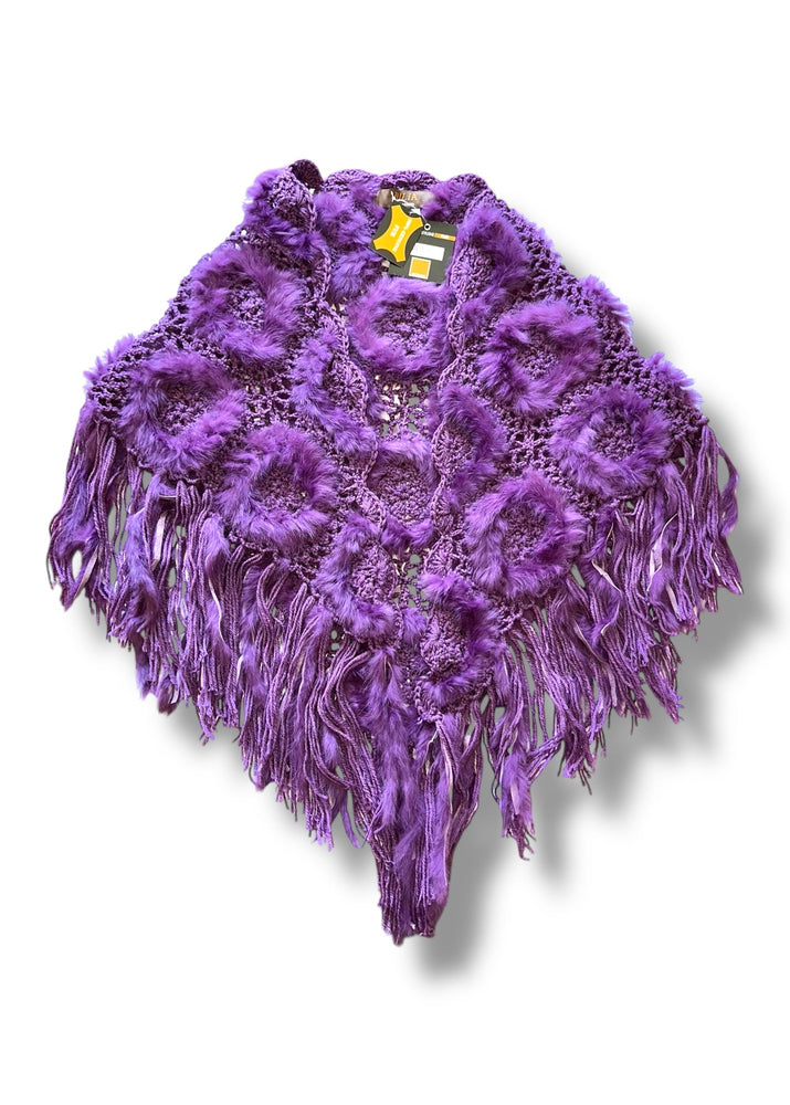 1990s Aubergine Rabbit Fur Crochet Fringe Shawl | Boho Winter Wrap | Gift