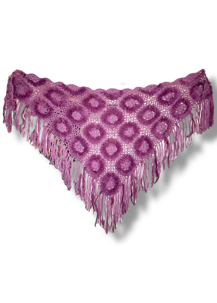 1990s Aubergine Rabbit Fur Crochet Fringe Shawl | Boho Winter Wrap | Gift