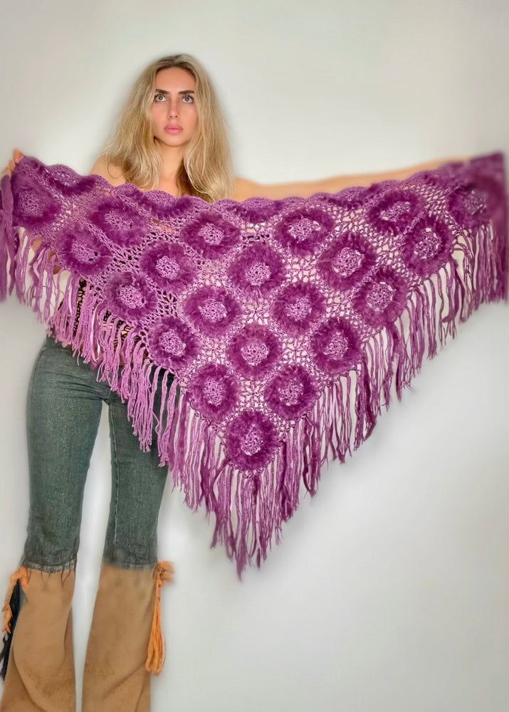 1990s Aubergine Rabbit Fur Crochet Fringe Shawl | Boho Winter Wrap | Gift