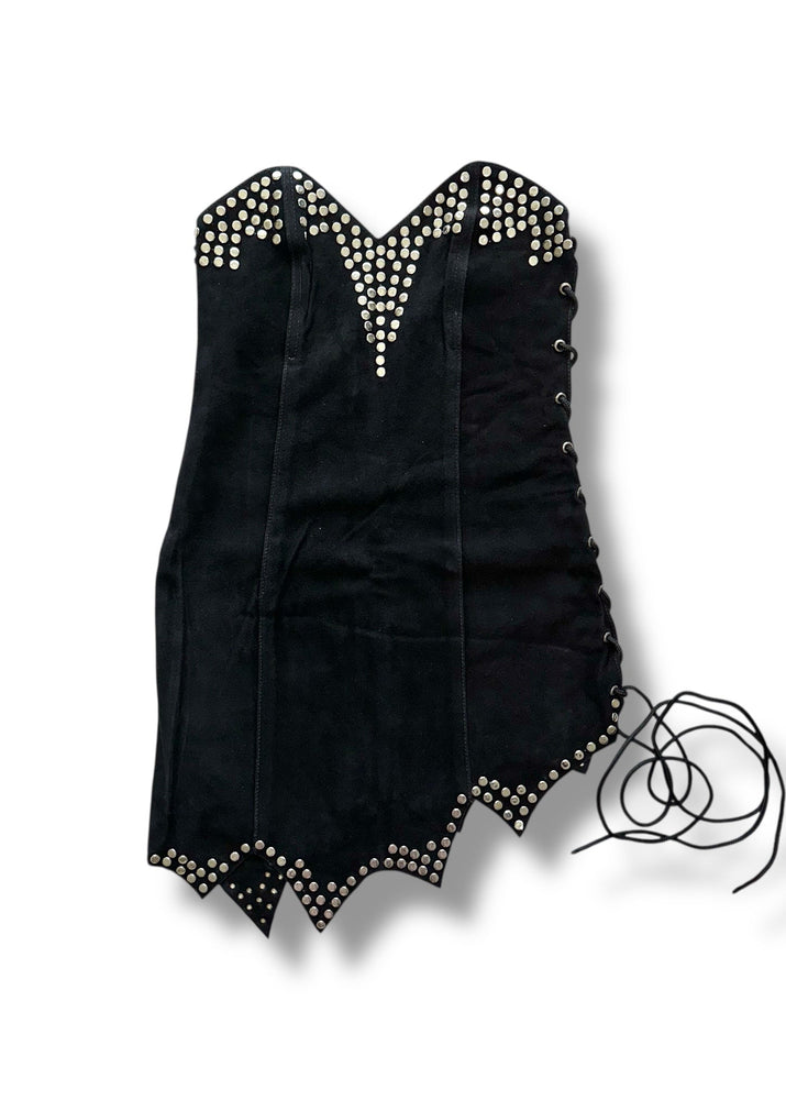 90s Deadstock Suede Leather Studded Lace-Up Mini | USA-Made Asymmetrical Fairycore Corset Dress