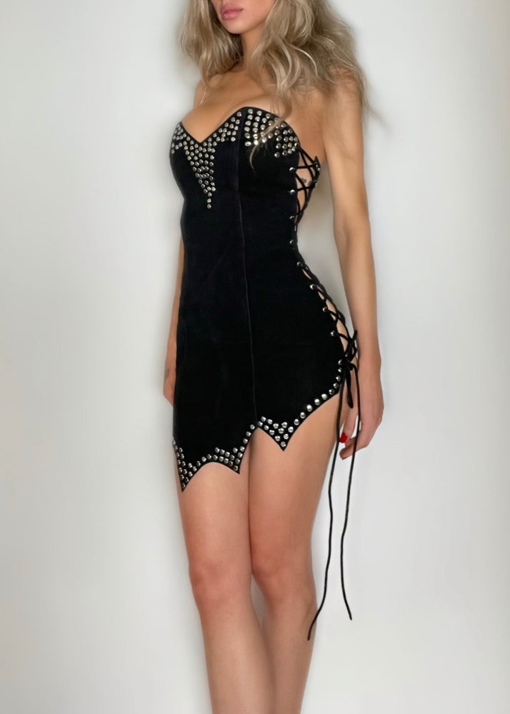 90s Deadstock Suede Leather Studded Lace-Up Mini | USA-Made Asymmetrical Fairycore Corset Dress
