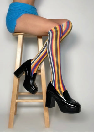 Vintage Primary Pinstripe Sheer Knee-High Nylon Stockings | Made in USA