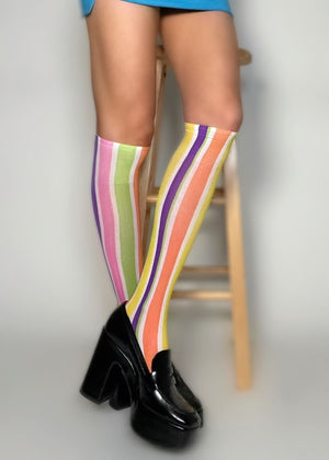 Vintage Pastel Sorbet Sheer Striped Knee-High Nylon Stockings | Made in USA