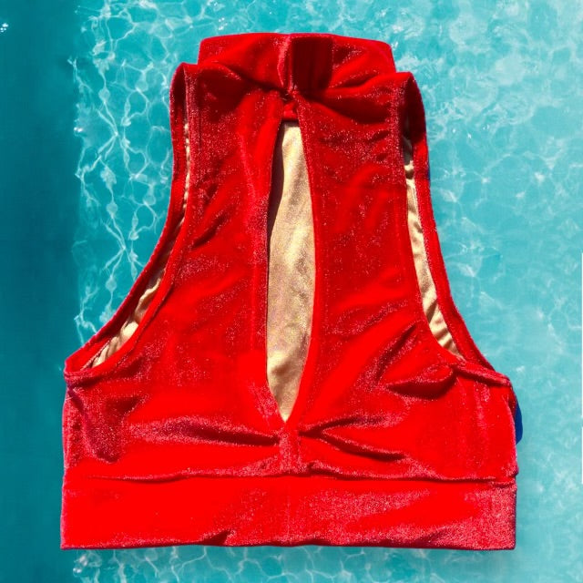 
                      
                        90’s Cutout Mock Neck Crop Swimsuit Top | Red Hot Velvet
                      
                    