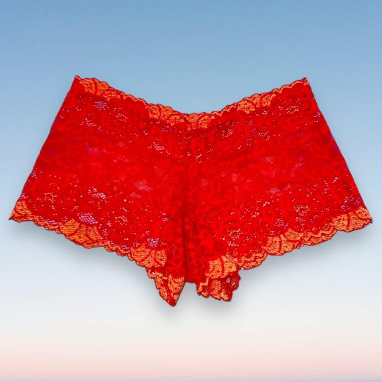 
                      
                        Y2K Sheer Shimmer Lace Booty Short Panty | Red Hot
                      
                    