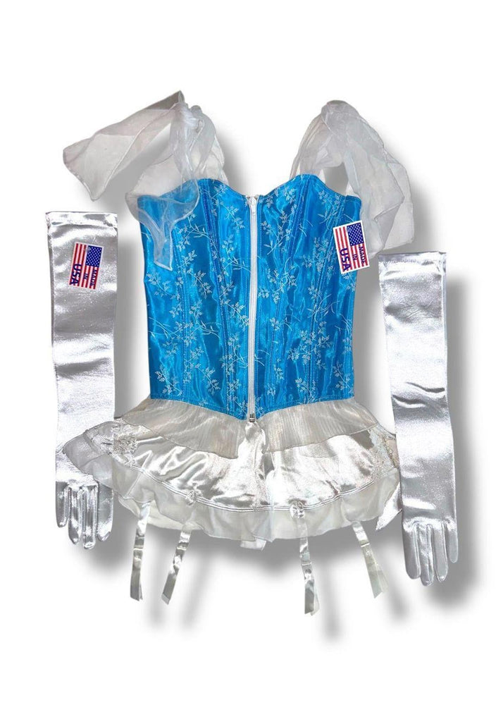 Y2K Marie Antoinette Costume Set | Vintage 90s Corset & Garter Skirt | Lace Satin Bustier Opera Gloves | USA Made 4PC