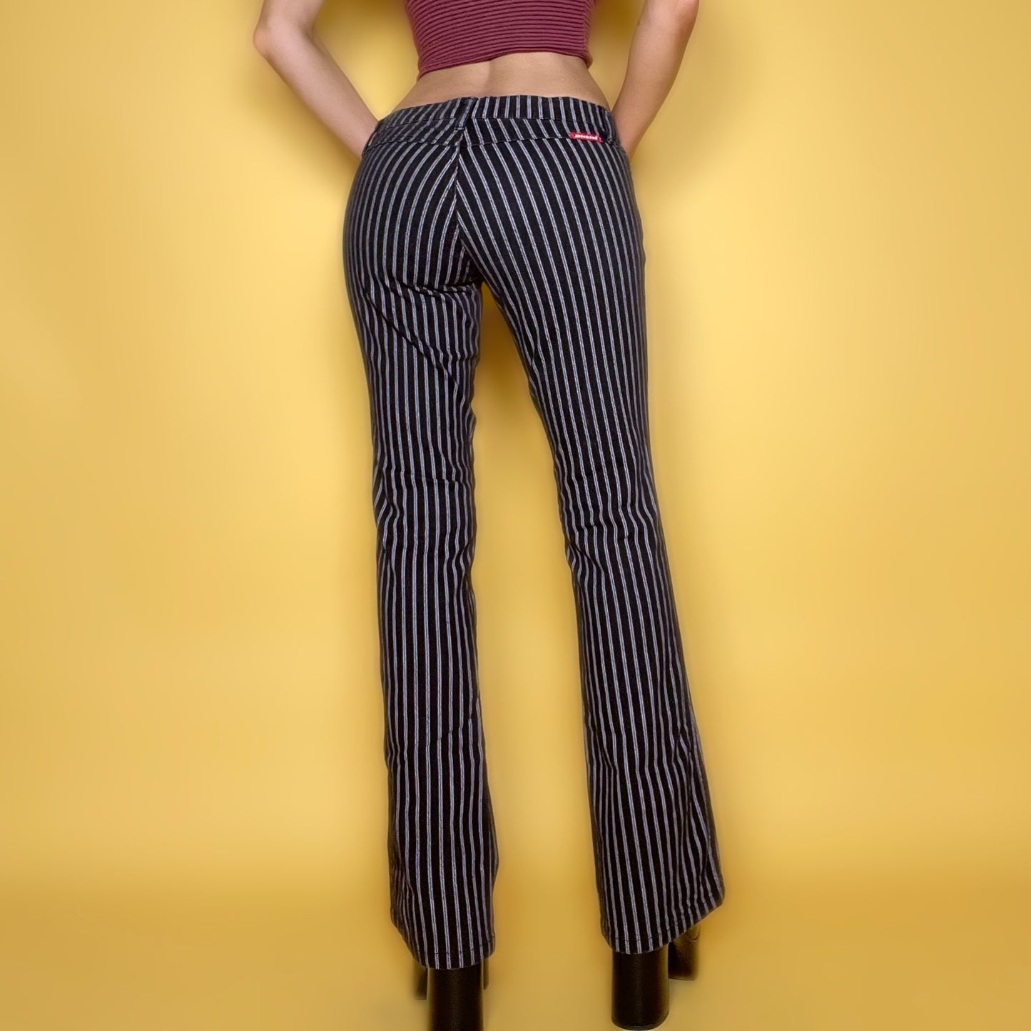 2000's Dickie's Ultra Low Rise Pinstripe Pocketless Flared Leg Pants | Y2K Black Tapered Bell Trouser Size 5