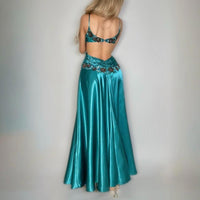 Y2K Bicici Backless Satin Gown – Blue Copper | Hand-Beaded Vintage Maxi (Size Small)