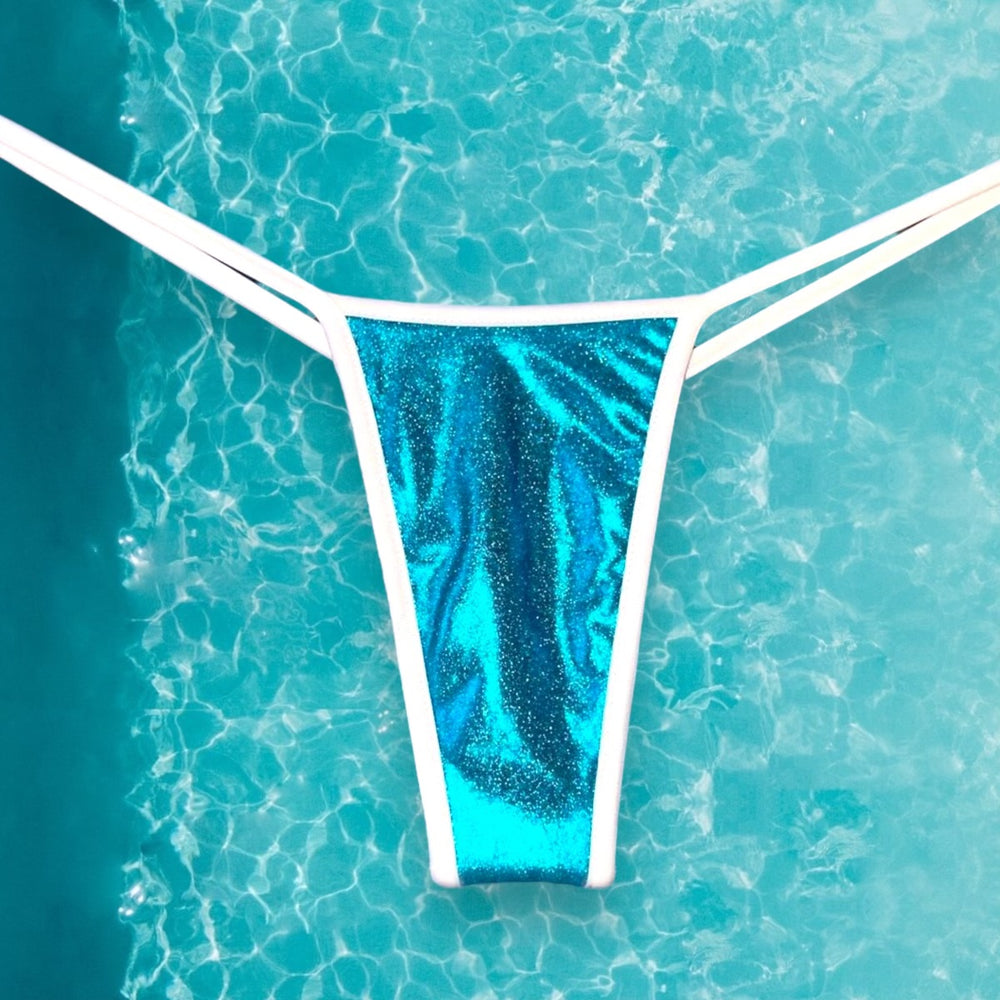 
                      
                        Y2K Ringer T-String Bikini Bottom | Metallic Turquoise & White
                      
                    