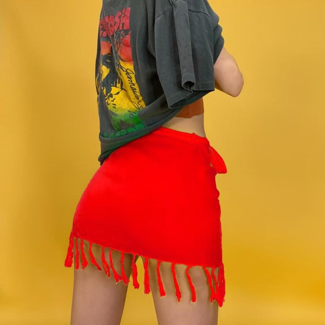 Linen Fringe Hem High Waisted Wrap Sarong Cover Up Mini Skirt | Red Hot