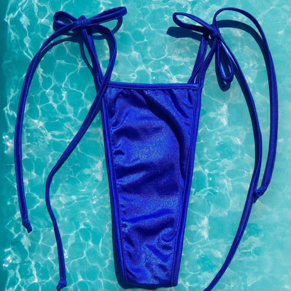 
                  
                    Y2K Low Rise Tie Side Thong Swimsuit Bottom | Cobalt Shimmer
                  
                