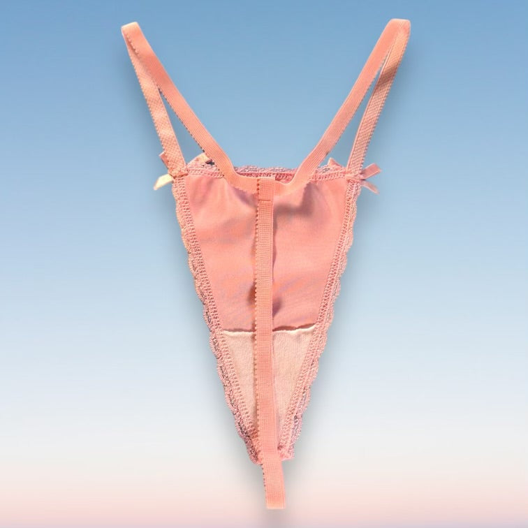 
                      
                        90's Lace Trim G-String Panty | Pastel Pink Satin
                      
                    