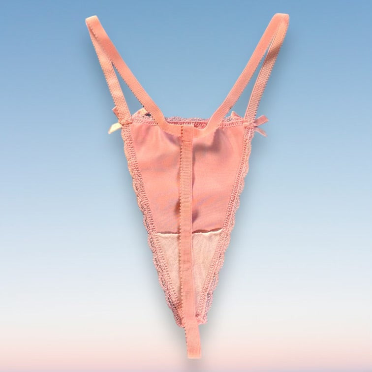 90's Lace Trim G-String Panty | Pastel Pink Satin
