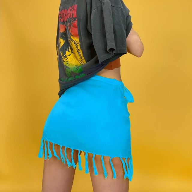 
                      
                        Linen Fringe Hem High Waisted Wrap Sarong Cover Up Mini Skirt | Aqua
                      
                    