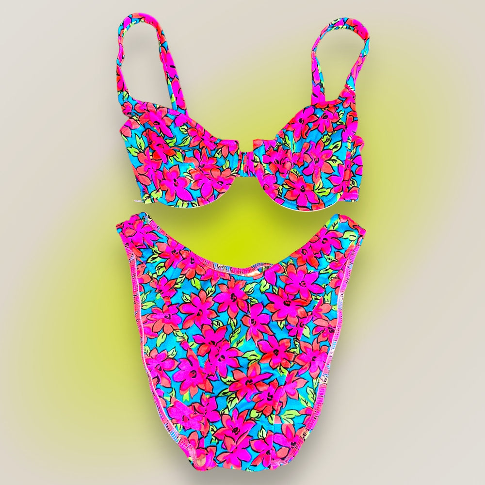 
                      
                        90's Small Neon Ditsy Floral Underwire Swimsuit, Matching Bikini Set | Vintage Coquette
                      
                    