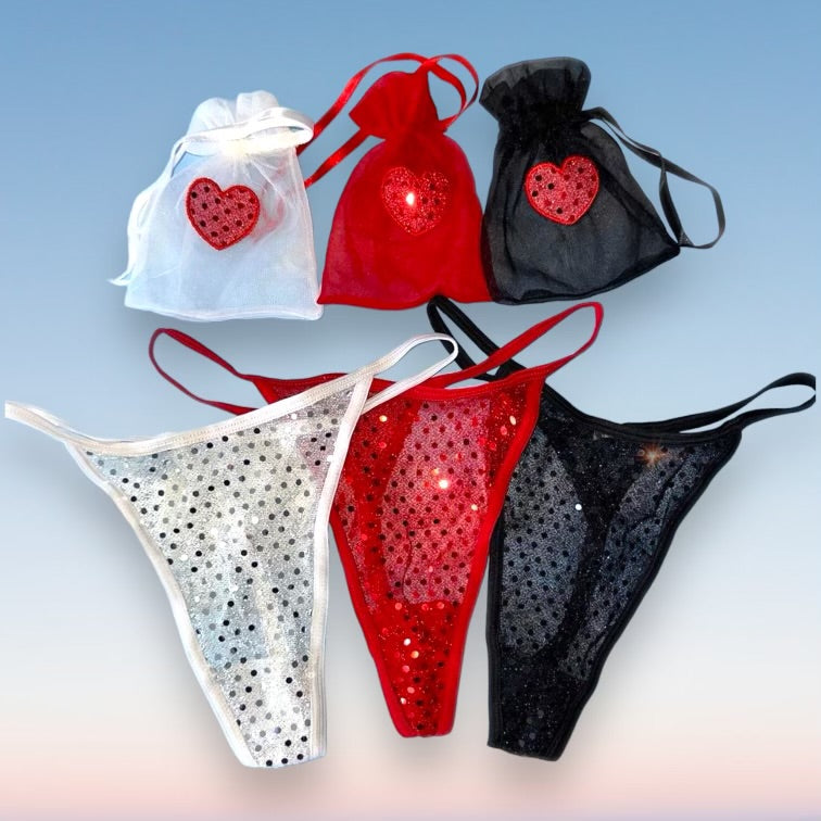 
                      
                        3 Pair Sequin Heart Thong Panty Bundle + Matching Cinch Pouches
                      
                    