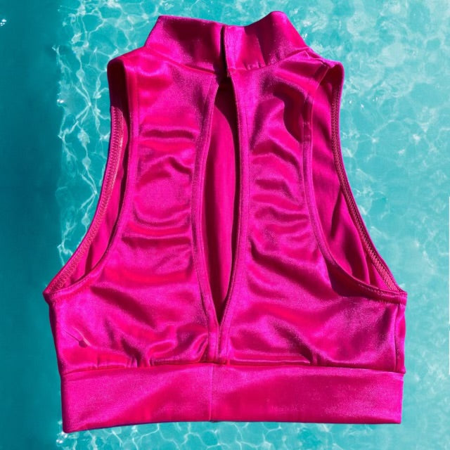Hot Pink Shimmer Mock Neck Crop Keyhole Bikini Top