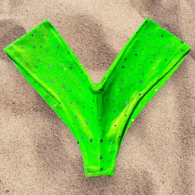 
                      
                        Green Velvet Shimmer V-Cheeky Bikini Bottom | Denali Brand
                      
                    