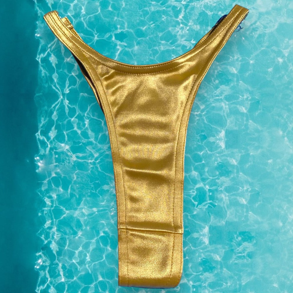 90's Gold Satin Clip-Side Thong Minimalist Bikini Bottom, Ultra Flattering Fit | SMALL