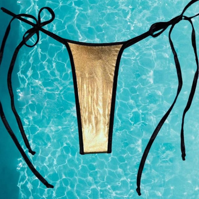 
                      
                        Y2K Ringer Tie Side Thong Bikini Bottom | Metallic Gold & Black
                      
                    