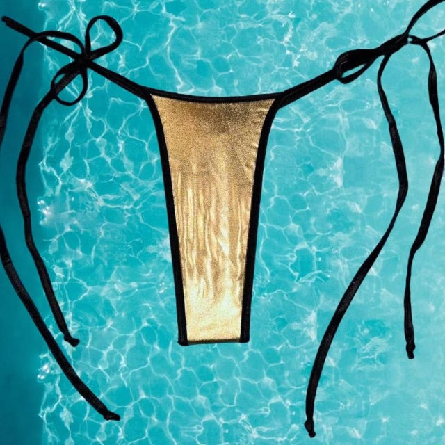 Y2K Ringer Tie Side Thong Bikini Bottom | Metallic Gold & Black