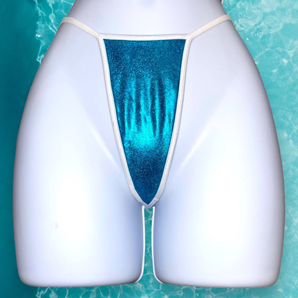 
                      
                        Y2K Ringer T-String Bikini Bottom | Metallic Turquoise & White
                      
                    