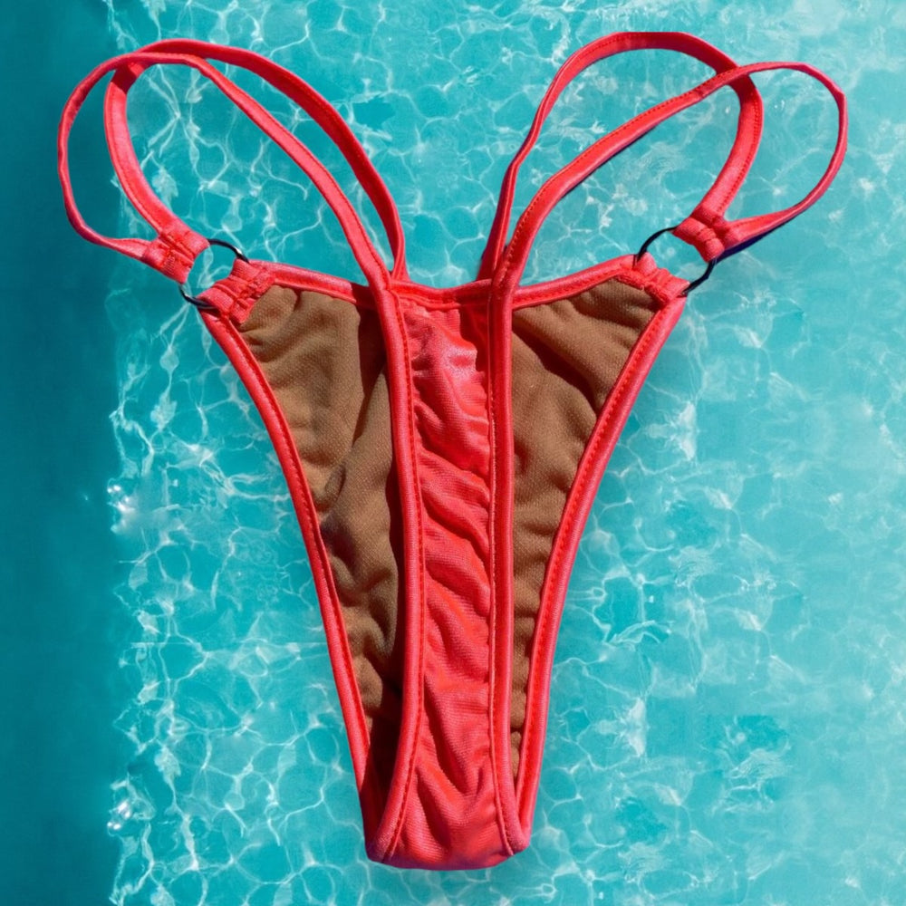 
                      
                        Y2K Double Strap O-Ring Thong Bikini Bottom | Neon Coral
                      
                    