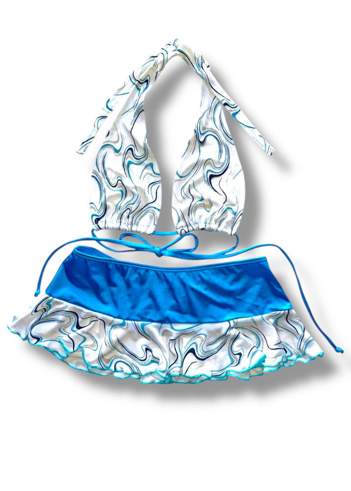 Y2K Boho Blue Sparkle Swirl Mini Skirt & Halter Top Set - Deadstock Vintage, Made in USA