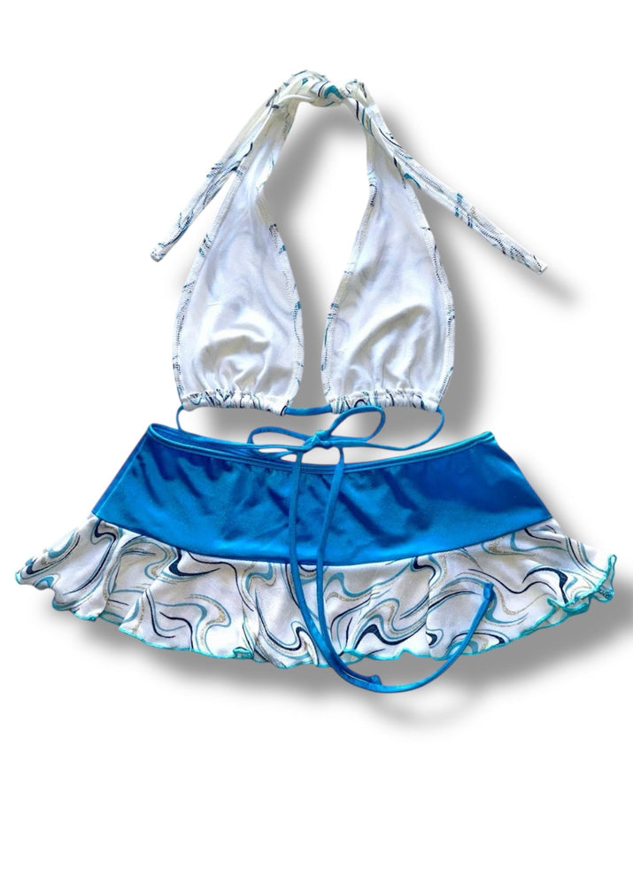 Y2K Boho Blue Sparkle Swirl Mini Skirt & Halter Top Set - Deadstock Vintage, Made in USA