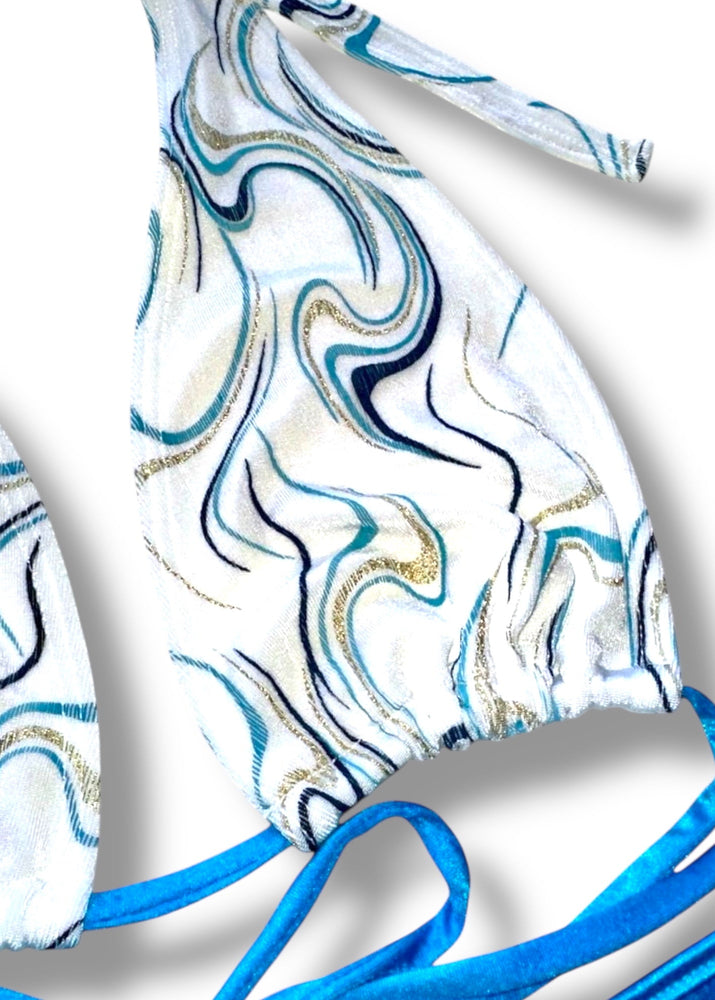 Y2K Boho Blue Sparkle Swirl Mini Skirt & Halter Top Set - Deadstock Vintage, Made in USA