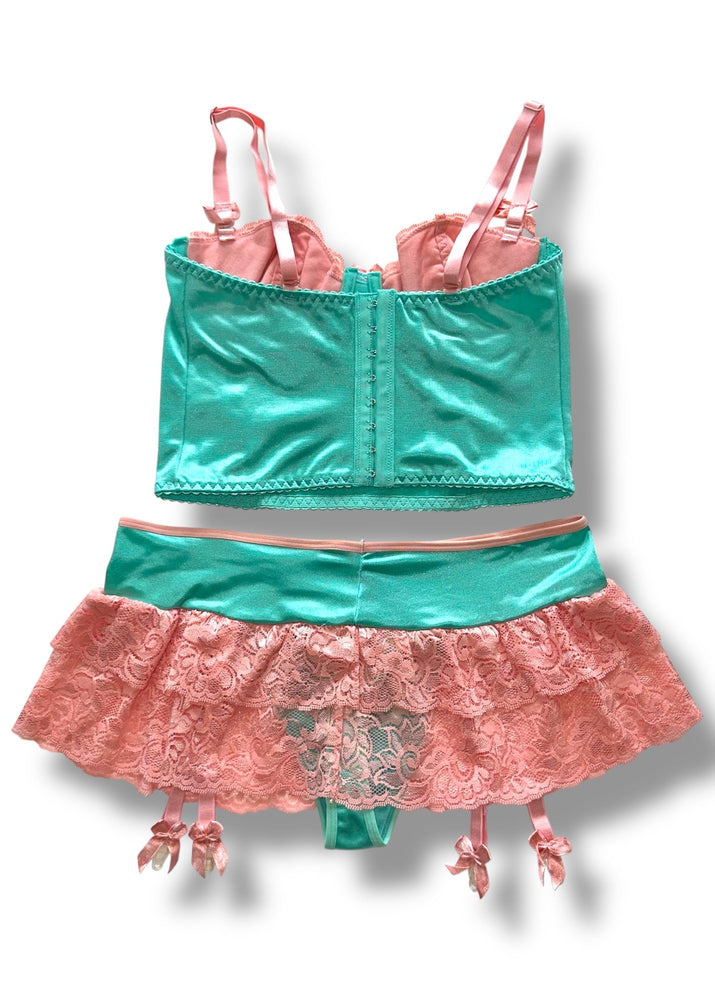 Vintage 2PC Satin & Lace Balconette Bra + Skirted Garter Thong Set | Pastel Tropicana Mint Peach & Bubblegum Pink Blue