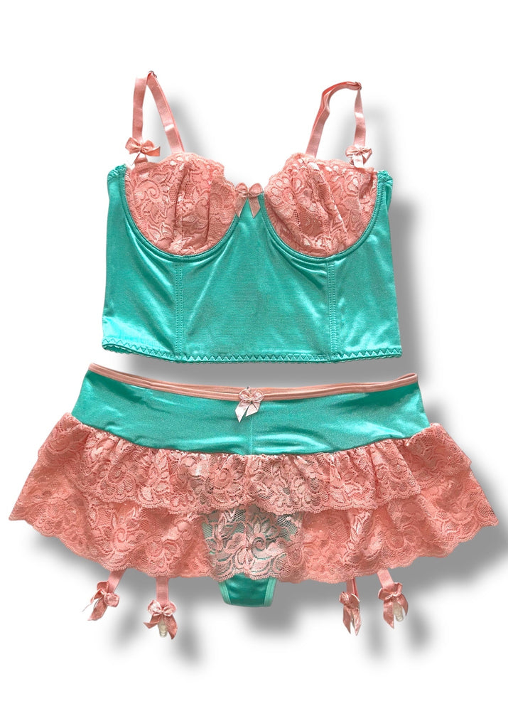 Vintage 2PC Satin & Lace Balconette Bra + Skirted Garter Thong Set | Pastel Tropicana Mint Peach & Bubblegum Pink Blue